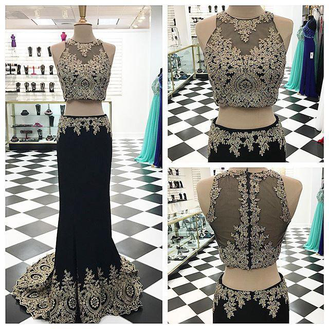 Gold Lace Appliqued Mermaid Prom Dress Black Jersey Sweep Train Two Pieces Evening Dress 1736