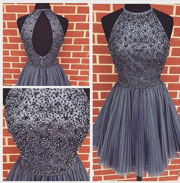 Halter High Neck Beaded Bodice Gray Tulle Homecoming Dresses Open Back Short Prom Gowns 1759