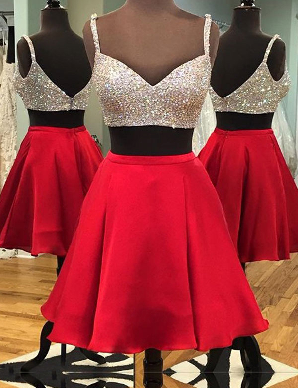 Spaghetti Strap Sweetheart Neck 2 Pieces Homecoming Dresses Sparkly Short Prom Gowns 1758