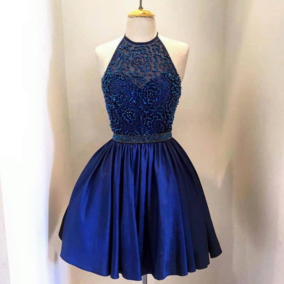 Royal Blue Taffeta Homecoming Dresses With Beaded Bodice Halter High Neck Short Prom Gowns 1621