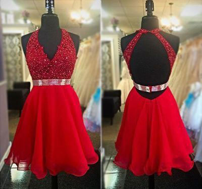 A-line V-neck Red Chiffon Backless Homecoming Dresses With Lace Appliqued Bodice Short Prom Dresses 1763