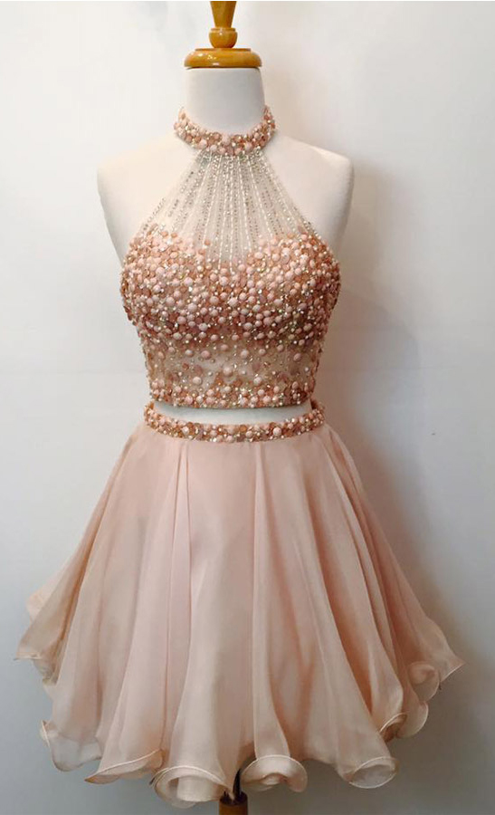 Two Piece Homecoming Dresses,beaded Bodice Halter 2 Piece Short Prom Dresses,sparkly Cocktail Dresses,1832