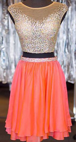 See-through Rhinestone Beaded Bodice Short Prom Dresses,two-pieces Homecoming Dresses,shinny Short Formal Dresses,1834