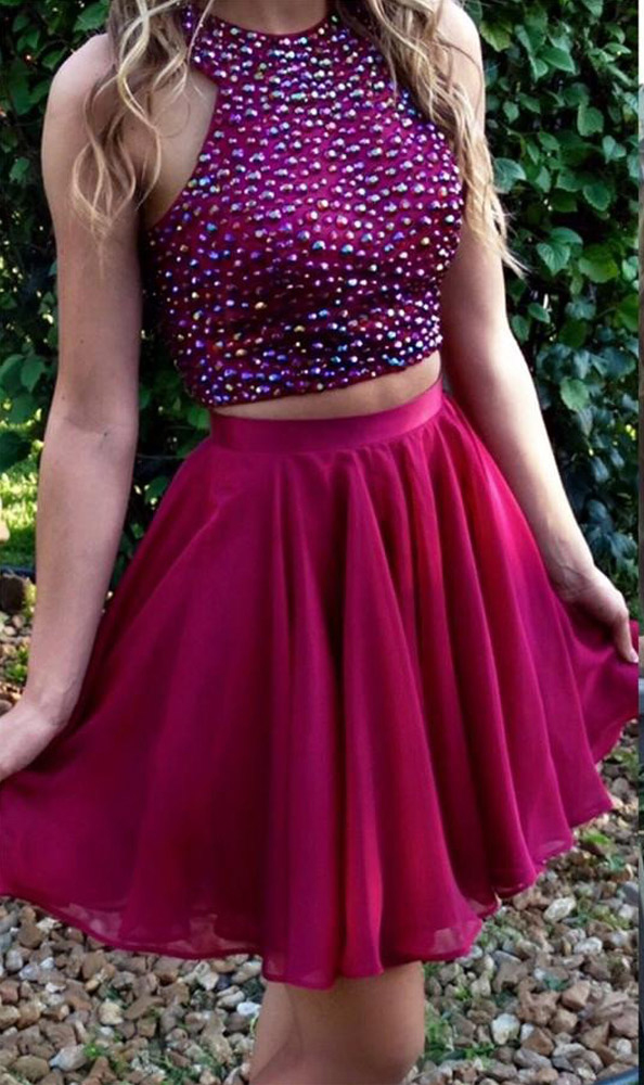 Fuchsia 2 Piece Homecoming Dresses,Two-pieces Short Prom Dresses ...