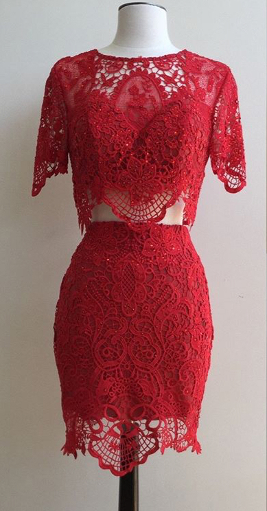 Two Piece Homecoming Dresses,burgundy Lace Hoco Dresses,simple Short Prom Dresses With Sleeves,1872