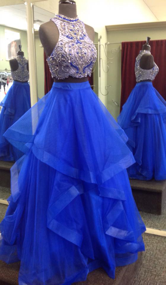  Royal  Blue  Two  Piece  Prom Dresses  Beaded Bodice Tulle 