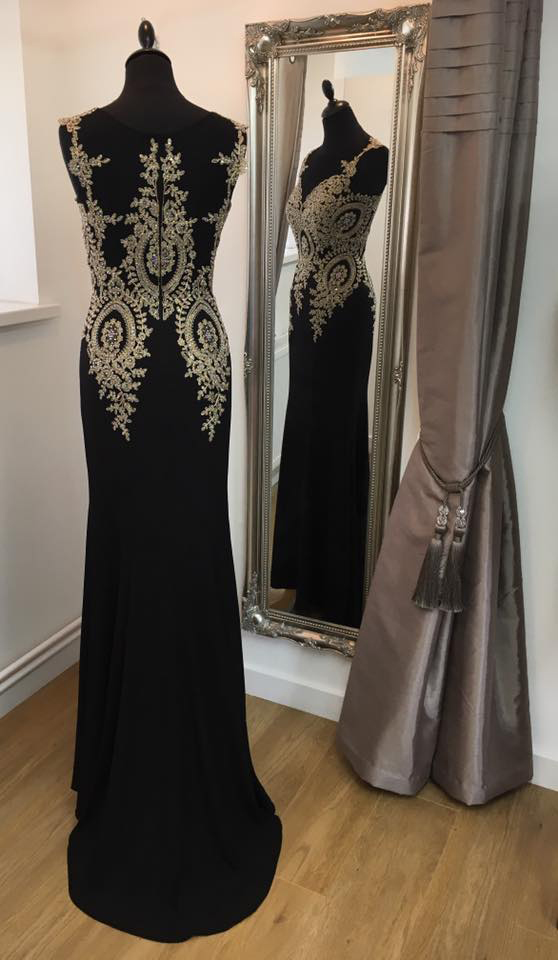Black Jersey With Gold Lace Appliqued Prom Dresses,mermaid Formal Dresses,black Evening Dresses,1884