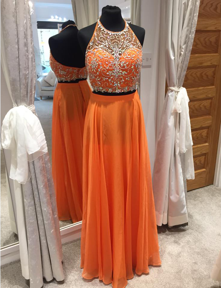 Orange Chiffon 2 Piece Prom Dresses,two Piece Formal Dresses,long Prom Dresses For 2017 Prom Season,1885