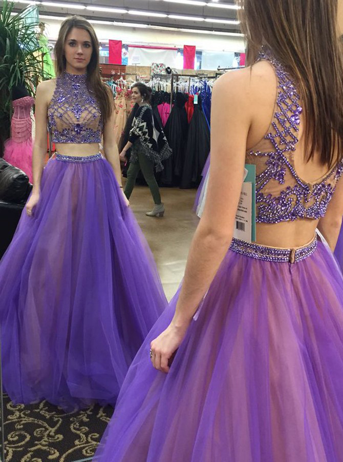 2 piece purple prom dress