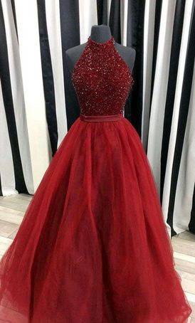 A-line Halter High Neck Prom Dresses,burgundy Long Formal Dresses,beaded Pageant Gowns For 2k17 Prom,1931