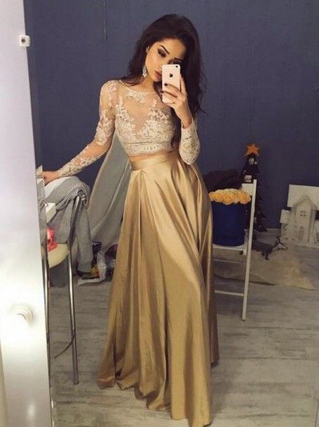 Gold Taffeta Long Sleeves Prom Dresses,lace Formal Dresses,simple Long Pageant Gowns,1933