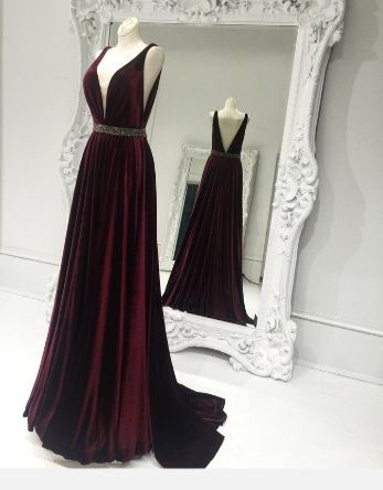 A-line V-neck Maroon Satin Prom Dresses,beaded Formal Dresses,simple Pageant Gowns,1938
