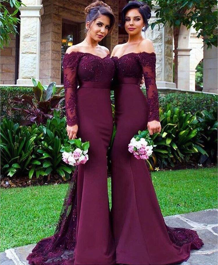 Mermaid Prom Dresses With Long Sleeves,lace Appliqued Evening Gowns,grape Bridesmaid Dresses,mother Of Bridal Dresses,1940