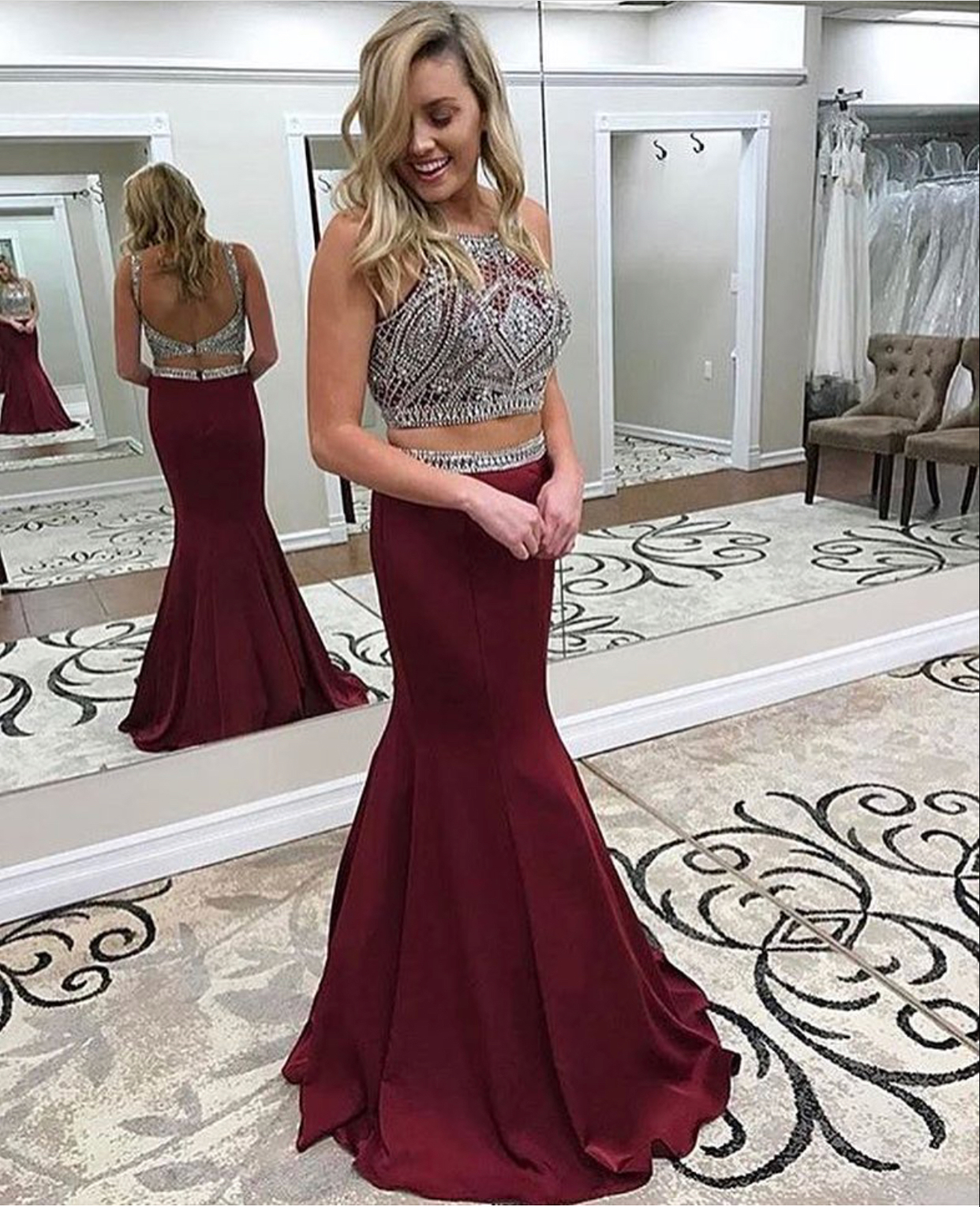 Burgundy Prom Dresses,2 Pieces Prom Dresses,mermaid Prom Dresses,long Pageant Gowns,1941