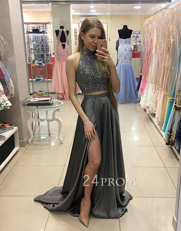 Gray Satin 2 Pieces Prom Dresses,beaded Bodice Long Prom Dresses,senior 2017 Prom Gowns,1960