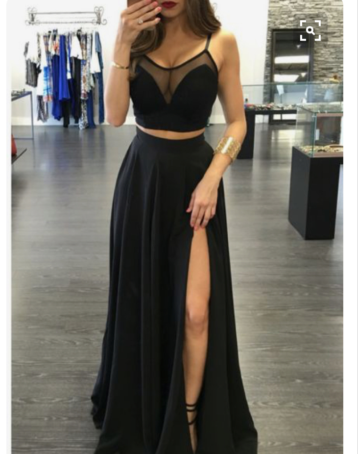 Spaghetti Strap Black Prom Dresses,2 Pieces Prom Dresses,simple Long Formal Gowns,2005