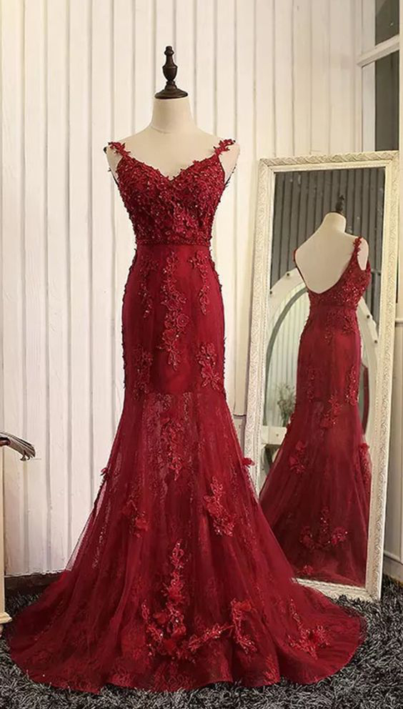 Burgundy Lace Appliqued Prom Dresses,mermaid Prom Dresses,spaghetti Strap Evening Dresses,2044