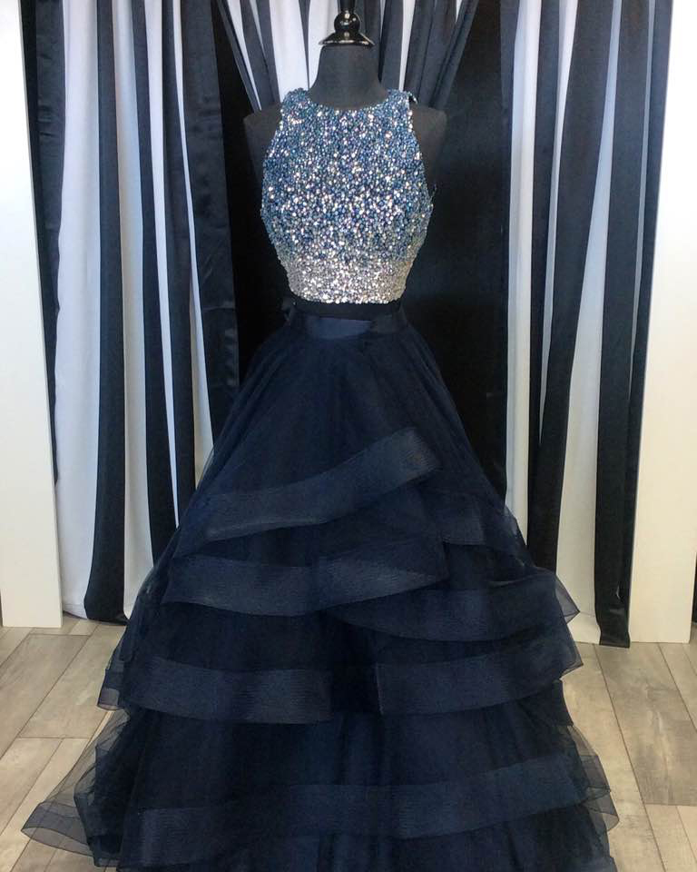 Beaded Two Pieces Prom Dresses,navy Blue Pageant Dresses,2 Pieces Formal Prom Gowns,2064