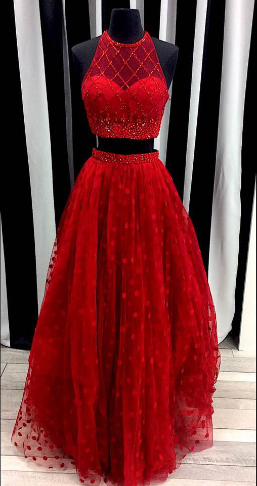 Red Two Pieces Prom Dresses,fishnet Beaded Formal Dresses,2017 Senior Pageant Dresses,2 Pieces Party Gowns,2066
