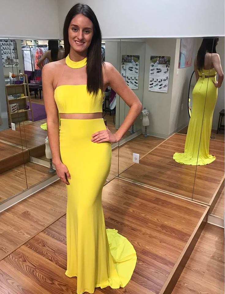 Yellow Jersey 2 Pieces Prom Dresses,mermaid Evening Dresses,two Pieces Long Formal Prom Gowns,2067