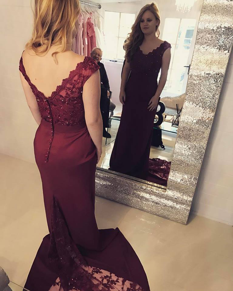 Burgundy Satin Mermaid Prom Dress With Sweep Train,lace Appliqued Formal Dresses,evening Gowns,2106