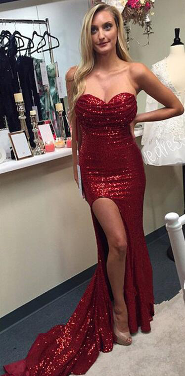 Red Sequins Lace Mermaid Prom Dress,sweetheart Neck Evening Dress,strapless Formal Dress,pageant Dress,2114