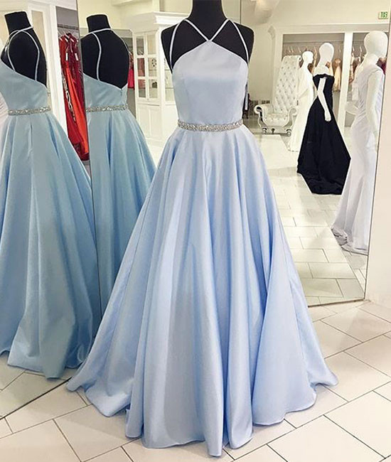 Sky Blue Long Prom Dress,simple Formal Dress, Satin With Beaded 2017 Pageant Dress,2115