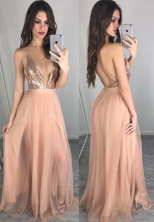 Spaghetti Strap Sexy Prom Dress,nude Sequins Formal Dress With Deep V-neck,backless Pageant Gown,2119