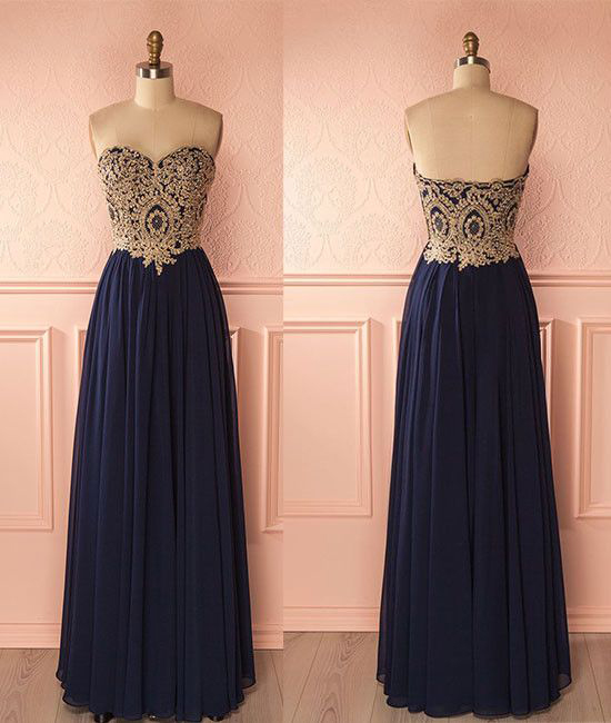 Navy Blue Chiffon Gold Lace Appliqued Prom Dress,strapless Formal Dress,long Bridesmaid Dress,2120