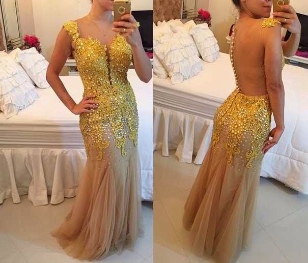 Nude Tulle With Gold Lace Appliqued Prom Dress,mermaid Evening Dress,long Formal Dress Senior Prom 2017,2123