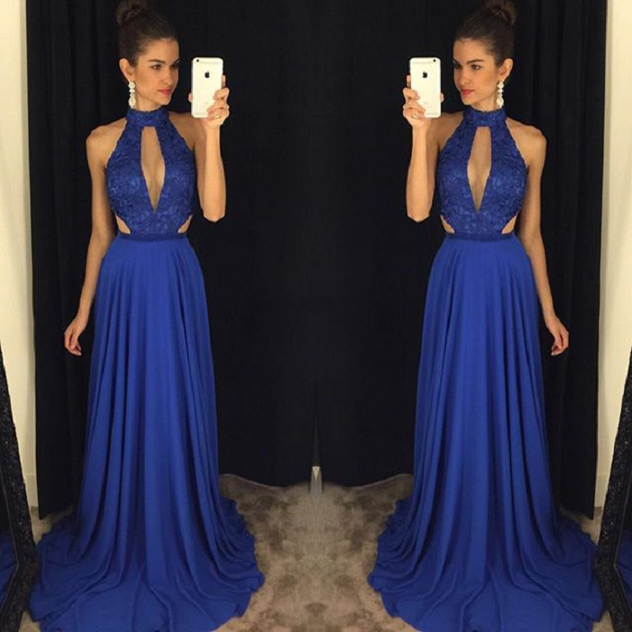 Sexy Royal Blue Prom Dress,halter High Neck Long Formal Dress,senior Prom Pageant Gown,2125