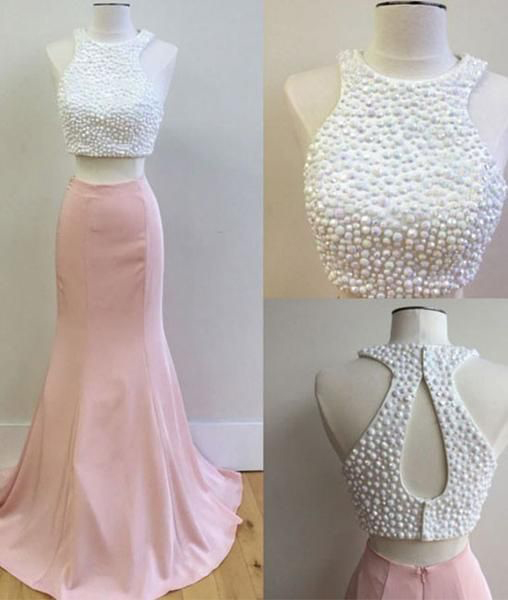 White Beaded Bodice Two Pieces Prom Dress,mermaid Formal Dress,pink Pageant Dress,senior Prom Gown,2127