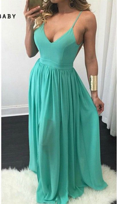 Spaghetti Strap Mint Green Chiffon Prom Dress, Formal Dress,long Prom Dress,2128