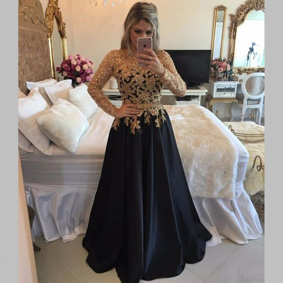 Gold Lace Appliqued Long Sleeves Prom Dress,black Formal Dress,senior Prom Dress,2130