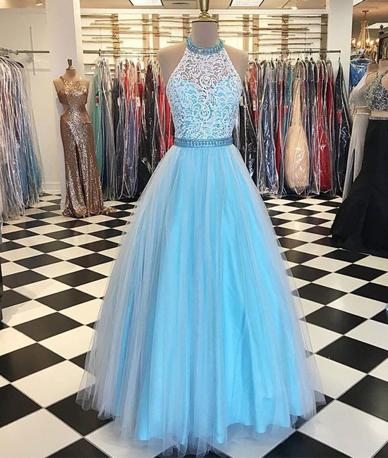 Blue Tulle White Lace Prom Dress,halter High Neck Pageant Dress,formal 2017 Prom Dress,2131