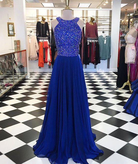 A-line Halter Royal Blue Chiffon Prom Dress,beaded Long Prom Dress,halter Senior Pageant Dress,2133