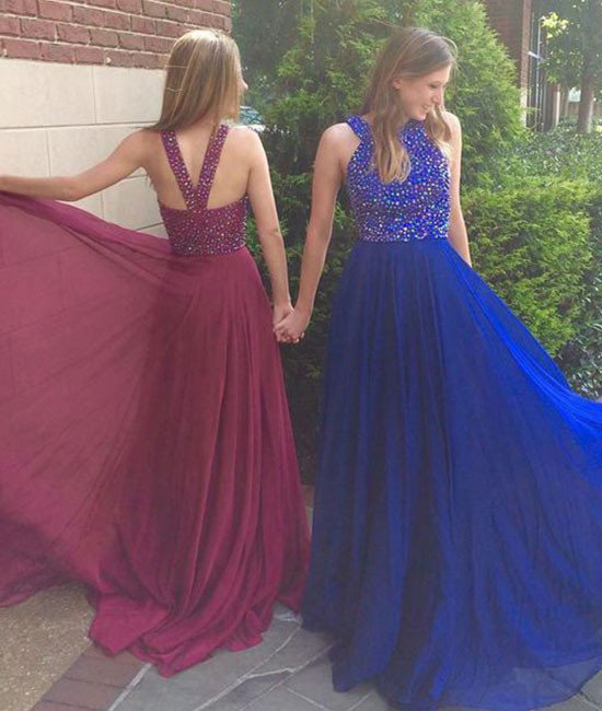 A Line Halter Blue Chiffon Beadings Prom Dress LBQ4132
