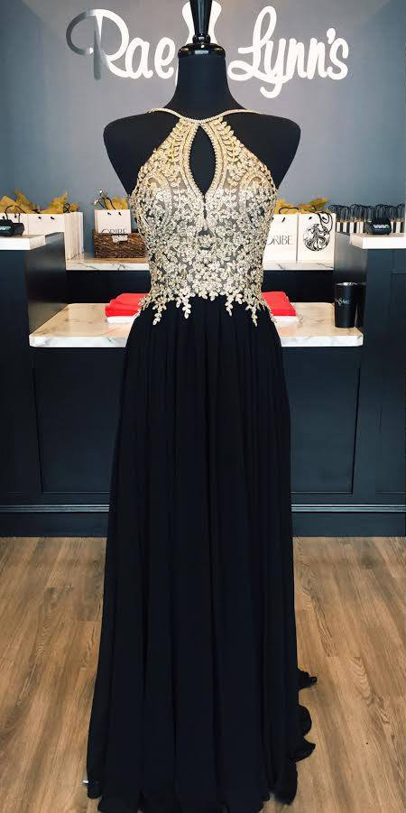 Halter Gold Lace Appliqued Black Prom Dress,chiffon Long Prom Dress,senior Prom 2k17 Dress,2093