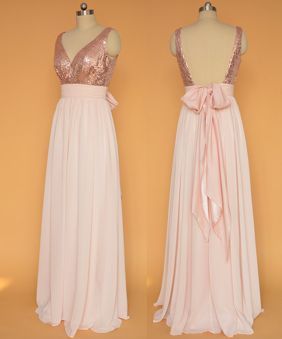 A-line Sequins Bodice V-neck Simple Prom Dress,pink Chiffon Bridesmaid Dress,long Bridesmaid Dress,2150
