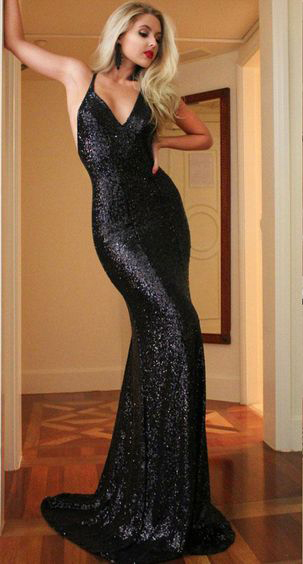 Black Sequins Cute Prom Dress,mermaid Sexy Evening Dress,backless Formal Dress With Sweep Train,2154