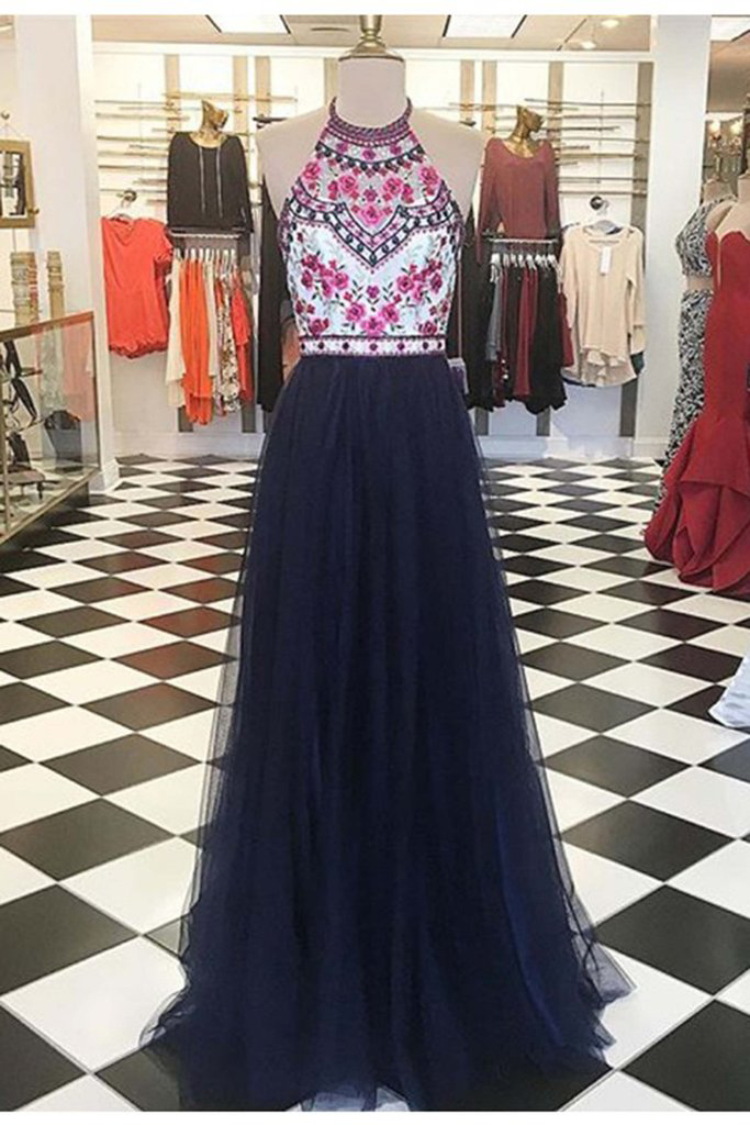 Halter Floral Embroidery Prom Dress,navy Tulle Long Prom Dress,senior Pageant Formal Dress,2156