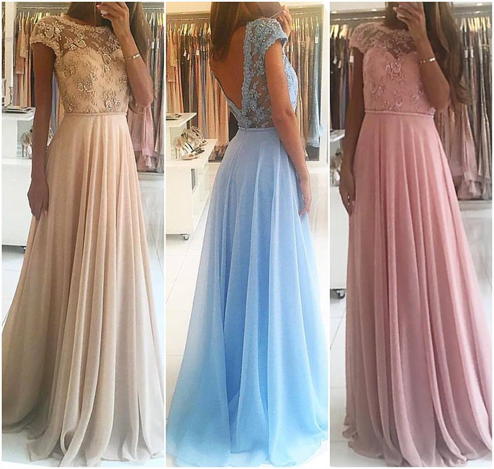 A-line Lace Bodice Chiffon Cap Sleeve Prom Dress,long Bridesmaid Dress,2017 Formal Dress,2166