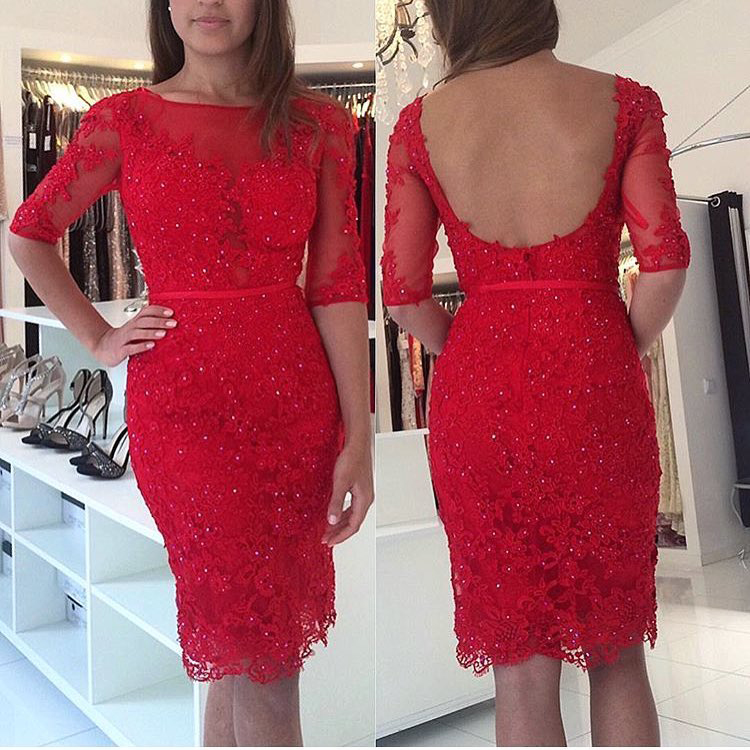 Sheath Red Lace With Beaded Short Prom Dress,half Sleeves Lace Homecoming Dress,2k17 Hoco Dress,2170