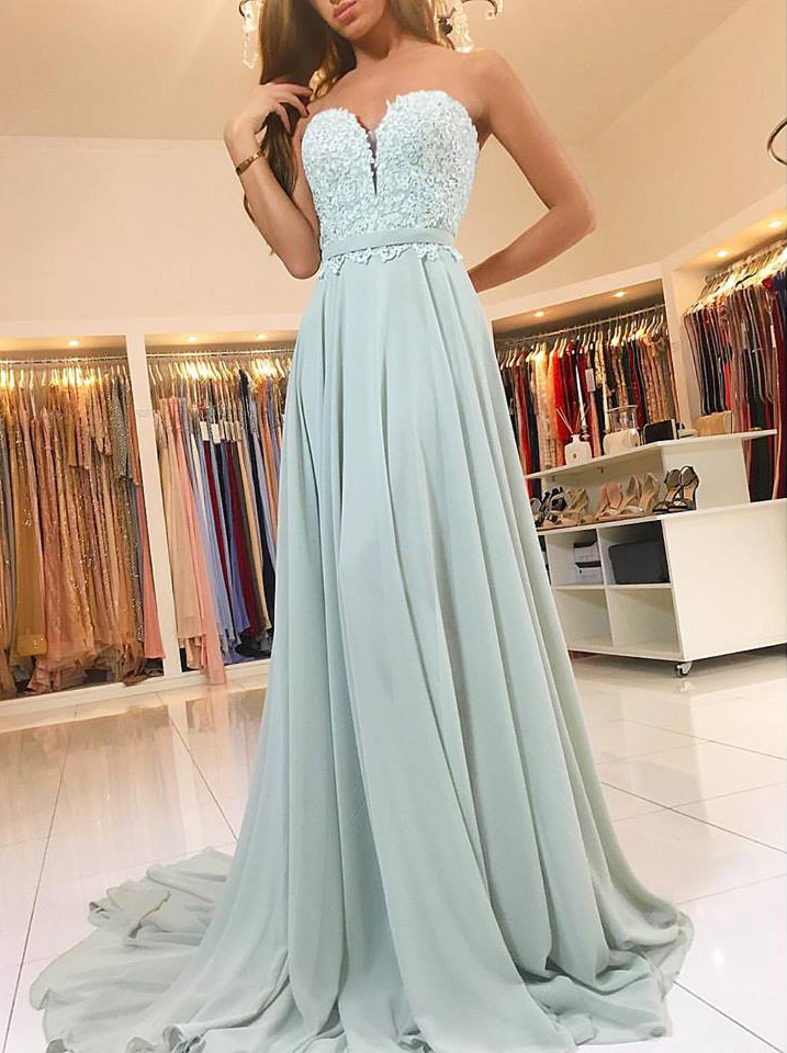 Strapless Chiffon With Lace Appliqued Simple Prom Dress,long Bridesmaid Dress, Prom Gown,2171