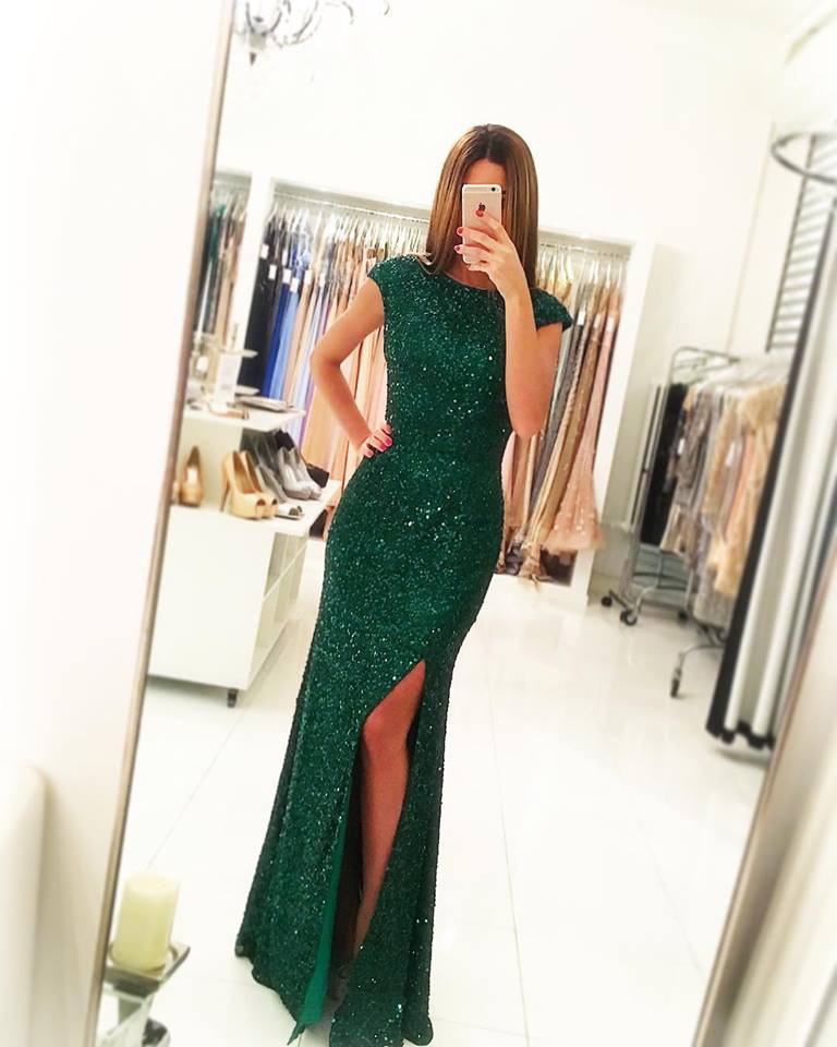 Green Sequins Lace Prom Dress With Slit On Leg,cap Sleeves Sequins Formal Dress,backless Sequins Pageant Gown,2172
