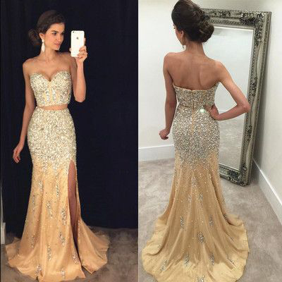 Sweetheart Neck Two Pieces Prom Dress,sparkly Beaded Champagne Mermaid Prom Dress,shinny Formal Dress,2193