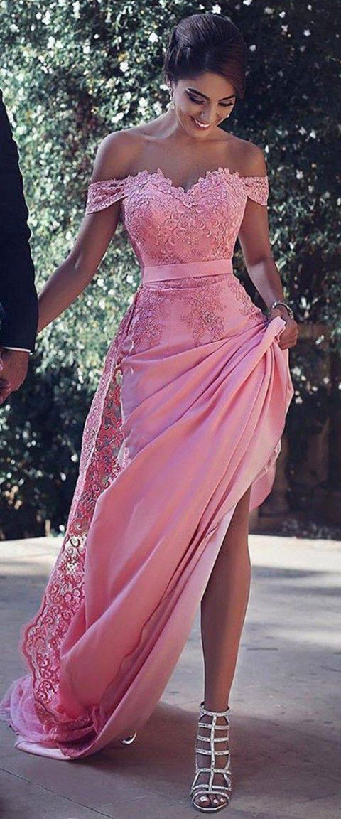 Off Shoulder Peach Satin Lace Appliqued Prom Dress,2017 Design Prom Dress,long Formal Dress,2199