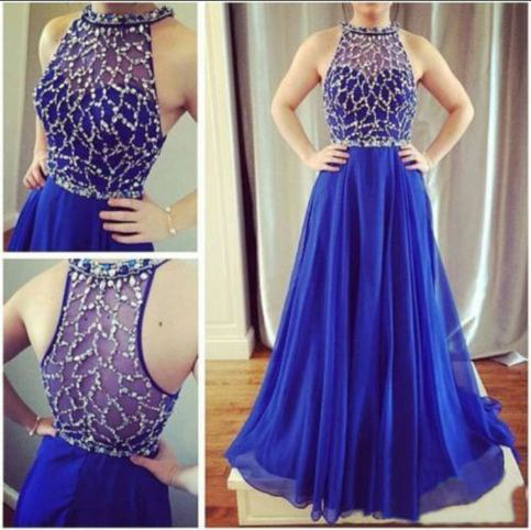 Beaded Top Royal Blue Chiffon Prom Dress,long Prom Gown,formal Dresses,2195