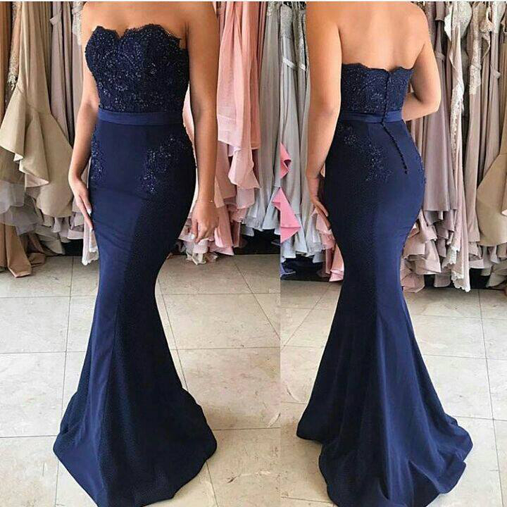 Strapless Mermaid Prom Dress,navy Blue Bridesmaid Dress,lace Appliqued Pageant Dress,2197