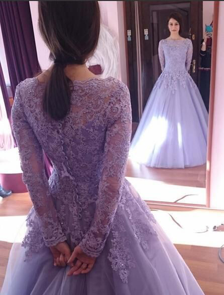 Long Sleeves Lavender Prom Dress,lace Appliqued Formal Dress,2017 Pageant Dress,2207